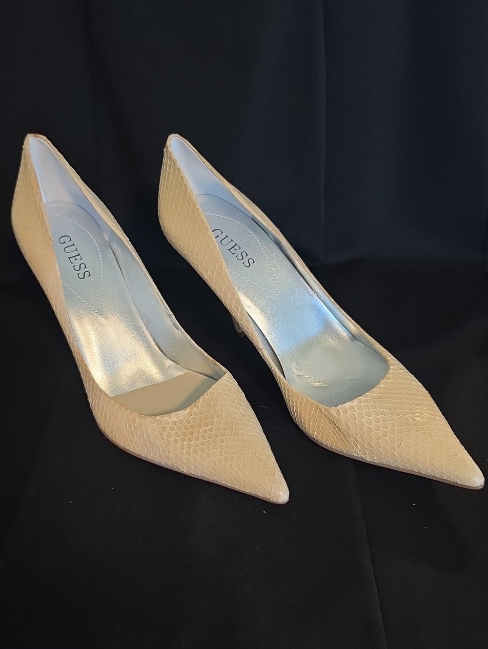 GUESS Beige Snakeskin Pointed Toe Pumps